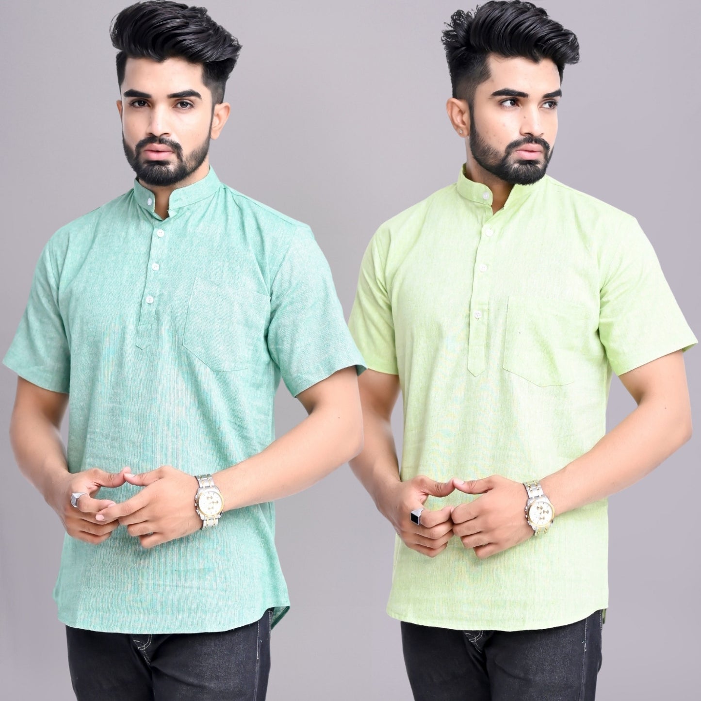 Pack of 2 Mens Solid Green And Parrot Green Khadi Cotton Short Kurta Combo