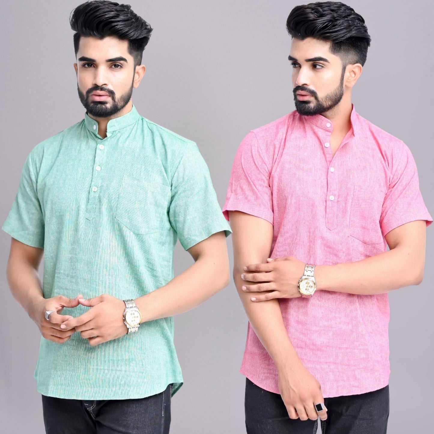 Pack of 2 Mens Solid Green And Pink Khadi Cotton Short Kurta Combo