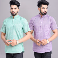 Pack of 2 Mens Solid Green And Purple Khadi Cotton Short Kurta Combo