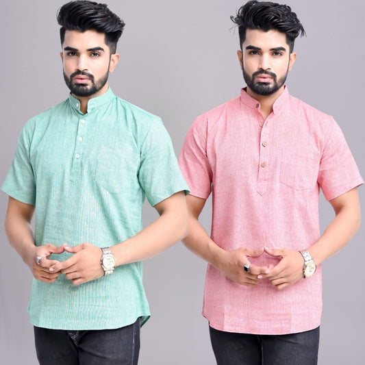 Pack of 2 Mens Solid Green And Red Khadi Cotton Short Kurta Combo