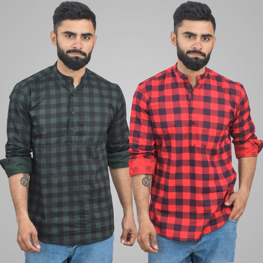 Pack Of 2 Mens Green And Red Check Cotton Short Kurta Combo