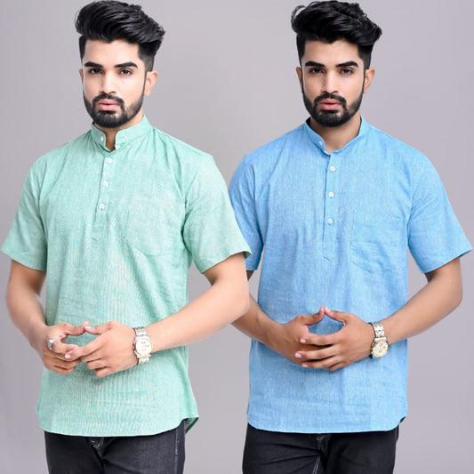 Pack of 2 Mens Solid Green And Sky Blue Khadi Cotton Short Kurta Combo