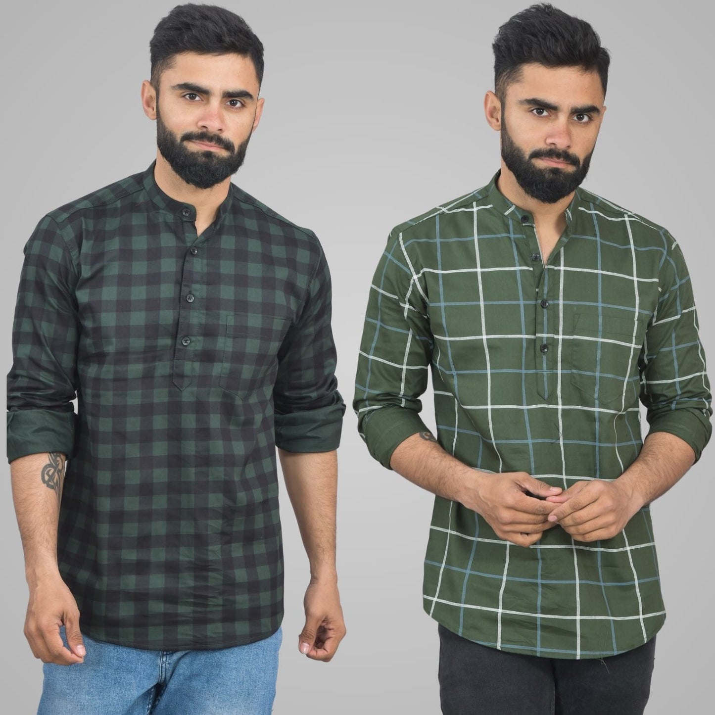 Pack Of 2 Mens Green And Mehendi Green Wide Check Cotton Short Kurta Combo