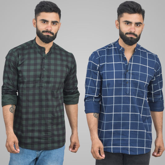 Pack Of 2 Mens Green And Navy Blue Wide Check Cotton Short Kurta Combo