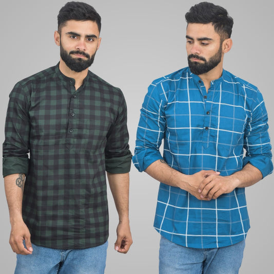 Pack Of 2 Mens Green And Teal Blue Wide Check Cotton Short Kurta Combo