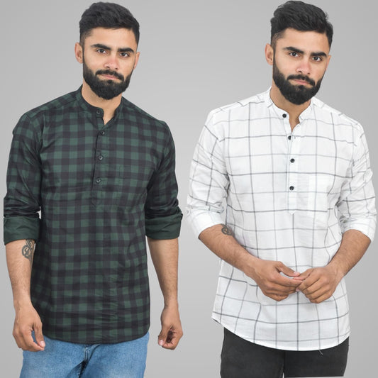 Pack Of 2 Mens Green And White Wide Check Cotton Short Kurta Combo