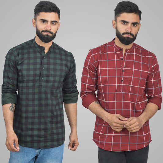 Pack Of 2 Mens Green And Wine Wide Check Cotton Short Kurta Combo