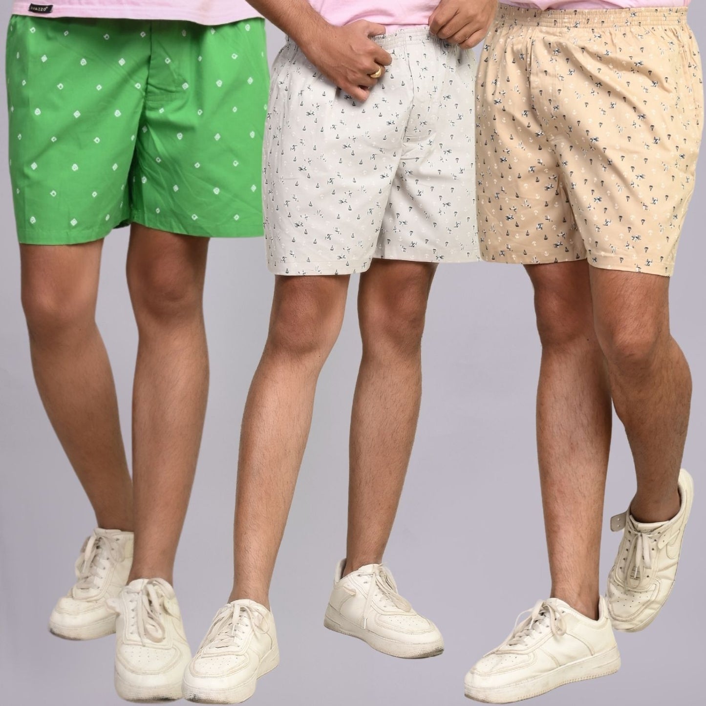 Pack Of 3 Mens Green, White And Yellow Cotton Shorts Combo