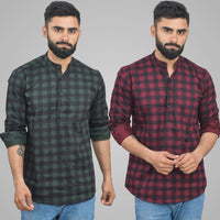 Pack Of 2 Mens Green And Wine Check Cotton Short Kurta Combo