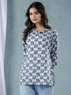 Womens Grey Sanganeri Printed Cotton Short Kurti