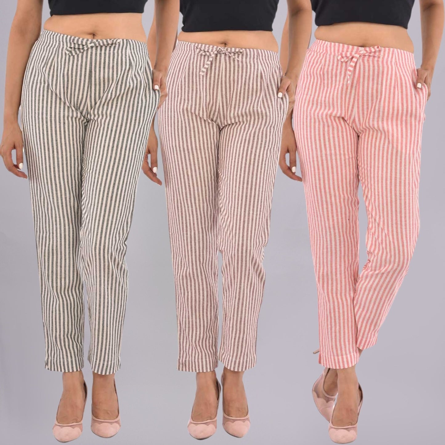 Pack Of 3 Womens Grey, Maroon, Pink South Cotton Trousers Combo