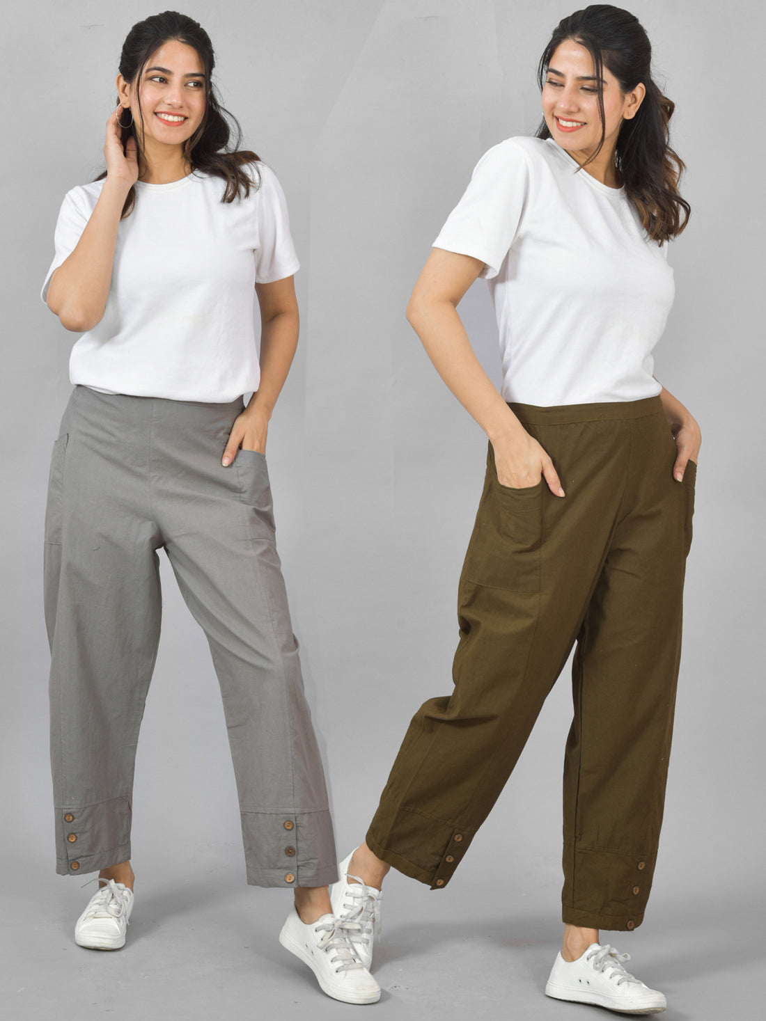 Combo Pack Of Womens Grey And Mehndi Green Side Pocket Straight Cargo Pants