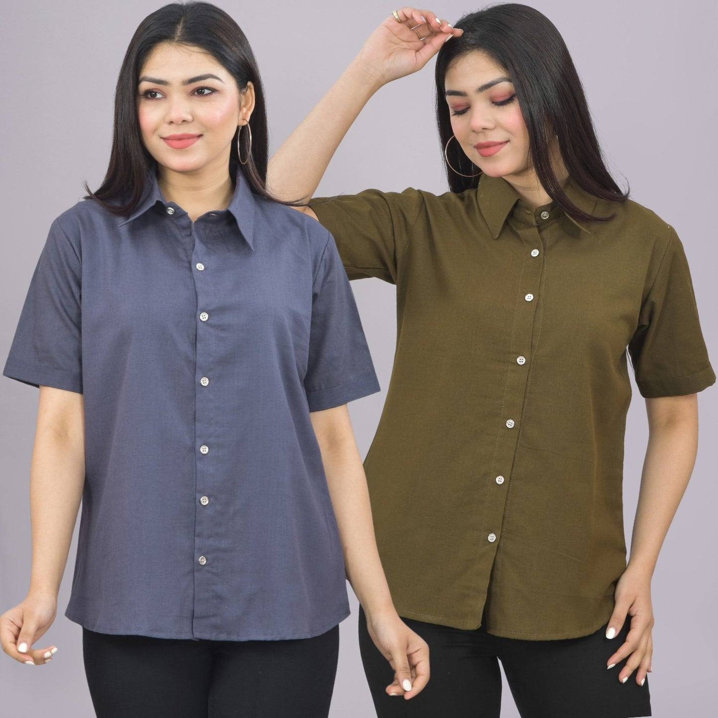 Pack Of 2 Womens Solid Grey And Mehendi Half Sleeve Cotton Shirts Combo