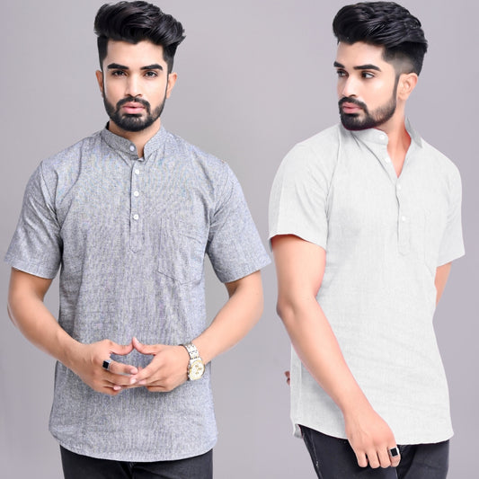 Pack of 2 Mens Solid Grey And Melange Grey Khadi Cotton Short Kurta Combo