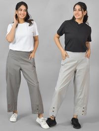 Combo Pack Of Womens Grey And Melange Grey Side Pocket Straight Cargo Pants