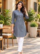 Grey Cotton Stripe Short Kurti