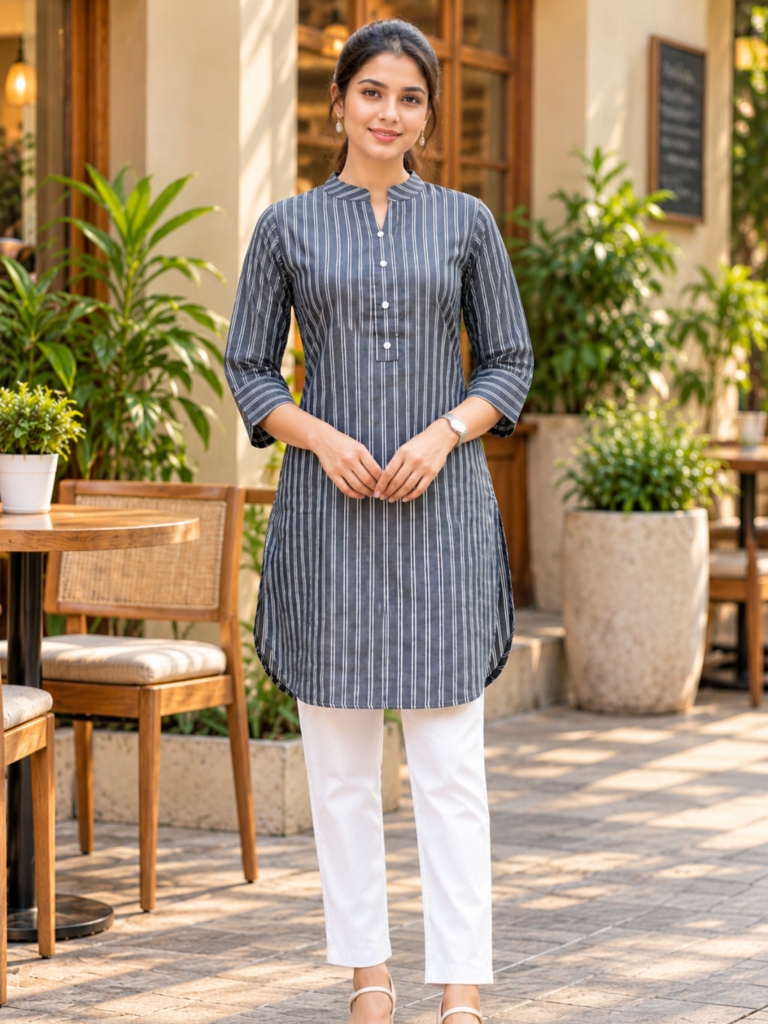 Grey Cotton Stripe Short Kurti