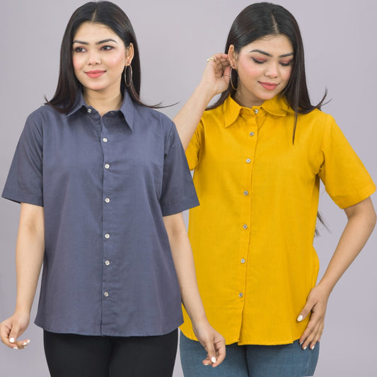 Pack Of 2 Womens Solid Grey And Mustard Half Sleeve Cotton Shirts Combo