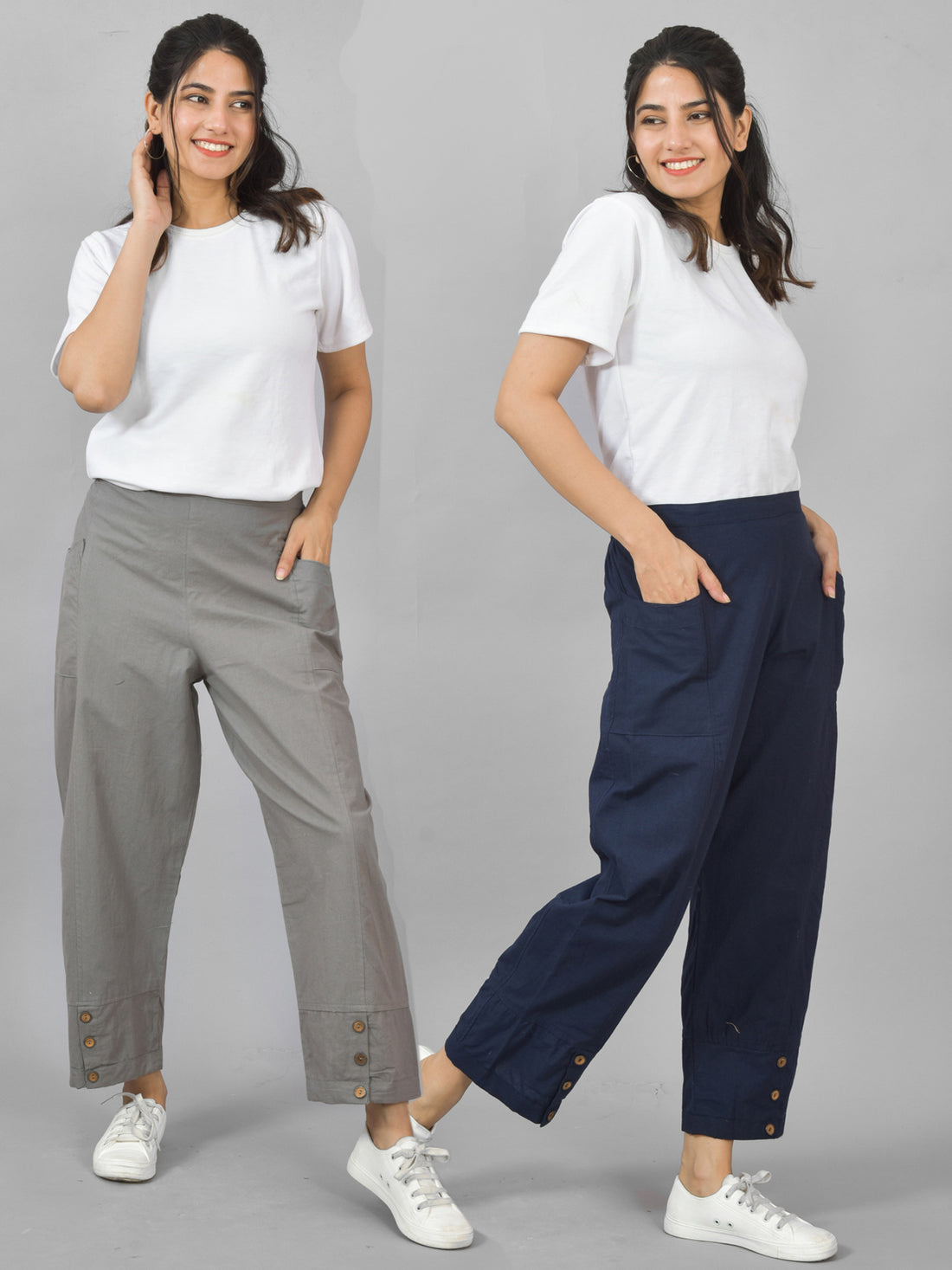 Combo Pack Of Womens Grey And Navy Blue Side Pocket Straight Cargo Pants