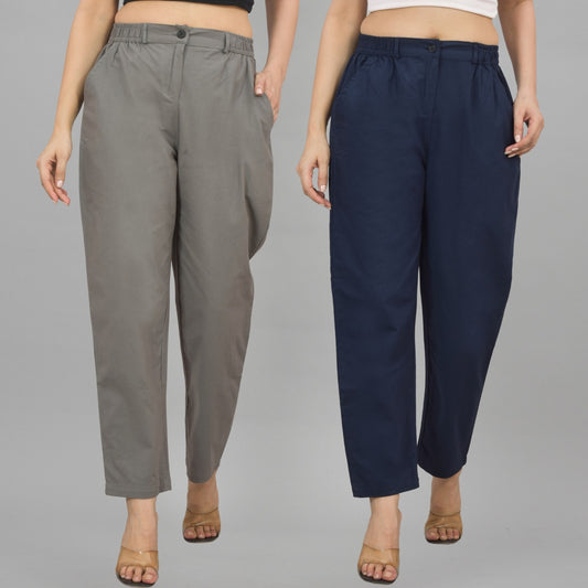 Combo Pack Of 2 Grey And Navy Blue Womens Cotton Formal Pants