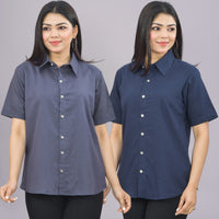 Pack Of 2 Womens Solid Grey And Navy Blue Half Sleeve Cotton Shirts Combo