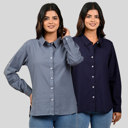 Women Grey And Navy Blue Solid Airy Linen Cotton Shirts Combo