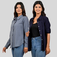 Women Grey And Navy Blue Solid Airy Linen Cotton Shirts Combo