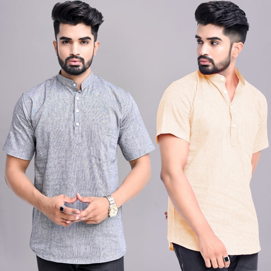 Pack of 2 Mens Solid Grey And Off White Khadi Cotton Short Kurta Combo