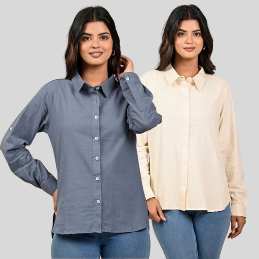 Women Grey And Off White Solid Airy Linen Cotton Shirts Combo