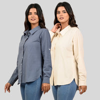 Women Grey And Off White Solid Airy Linen Cotton Shirts Combo