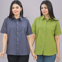 Pack Of 2 Womens Solid Grey And Olive Green Half Sleeve Cotton Shirts Combo