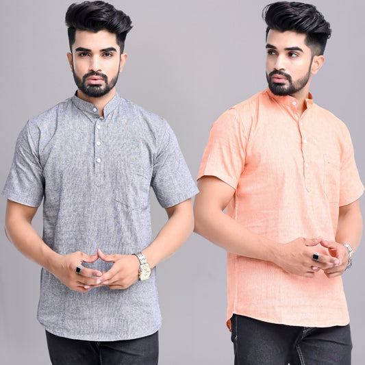 Pack of 2 Mens Solid Grey And Orange Khadi Cotton Short Kurta Combo