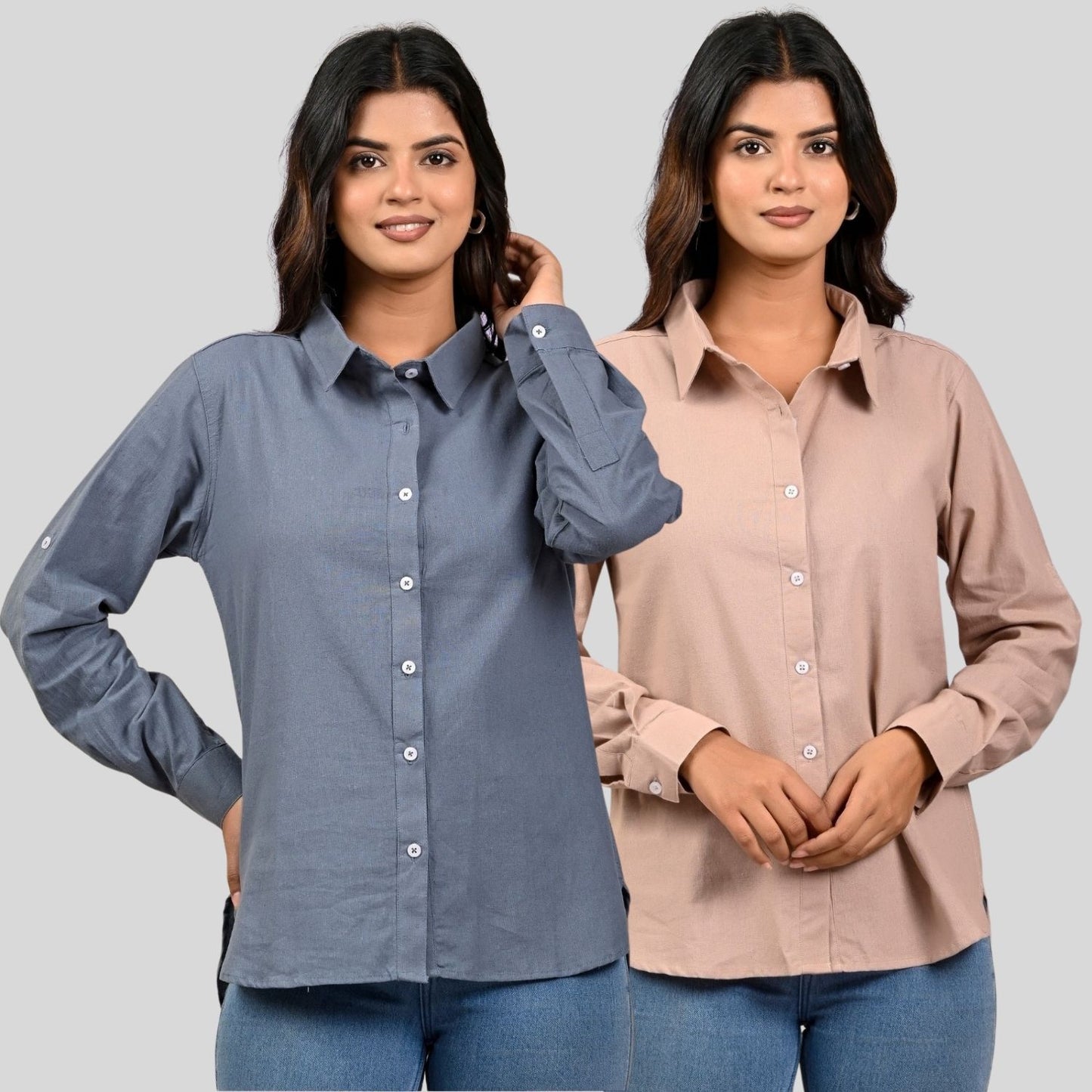 Women Grey And Peach Solid Airy Linen Cotton Shirts Combo