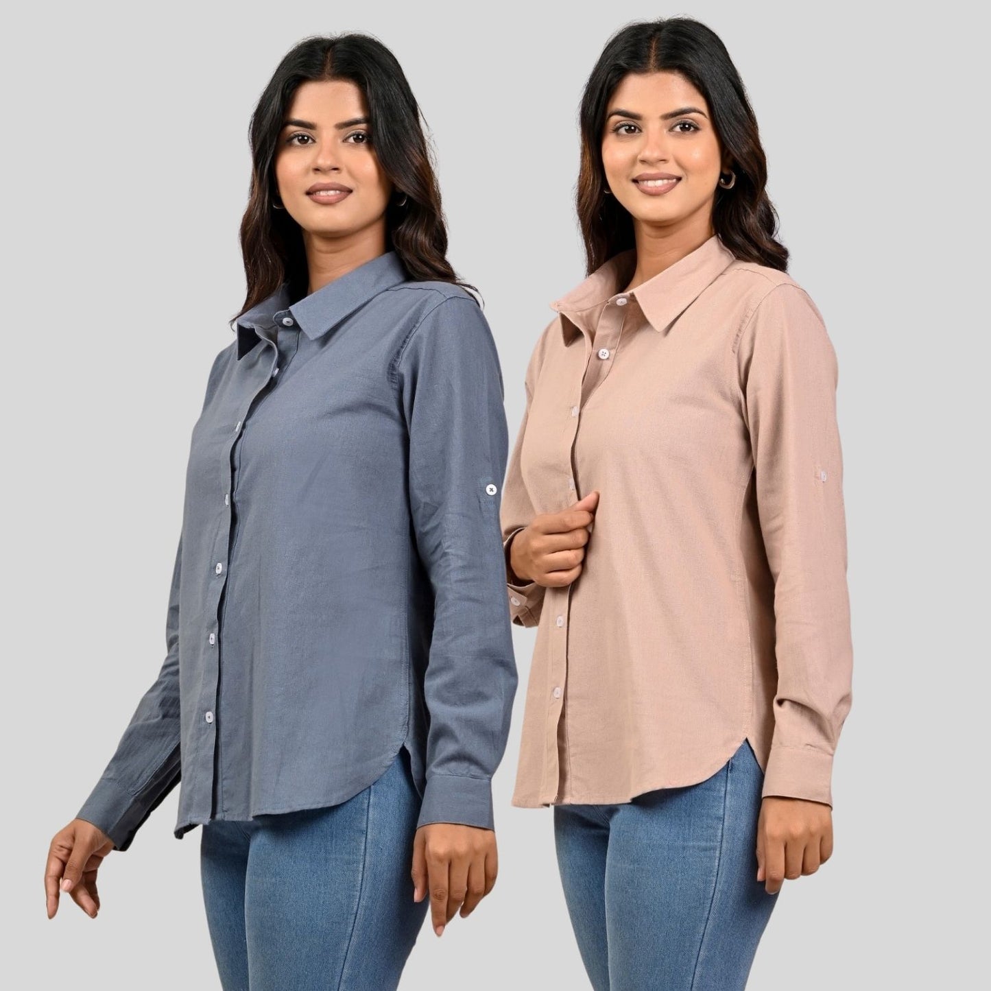 Women Grey And Peach Solid Airy Linen Cotton Shirts Combo