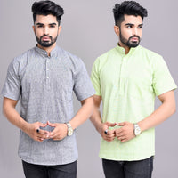 Pack of 2 Mens Solid Grey And Parrot Green Khadi Cotton Short Kurta Combo