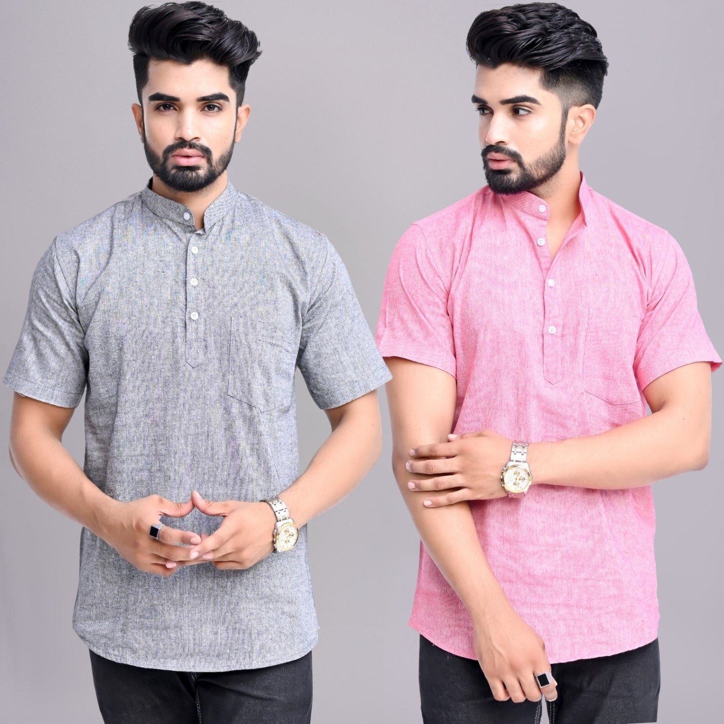 Pack of 2 Mens Solid Grey And Pink Khadi Cotton Short Kurta Combo