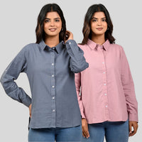 Women Grey And Pink Solid Airy Linen Cotton Shirts Combo