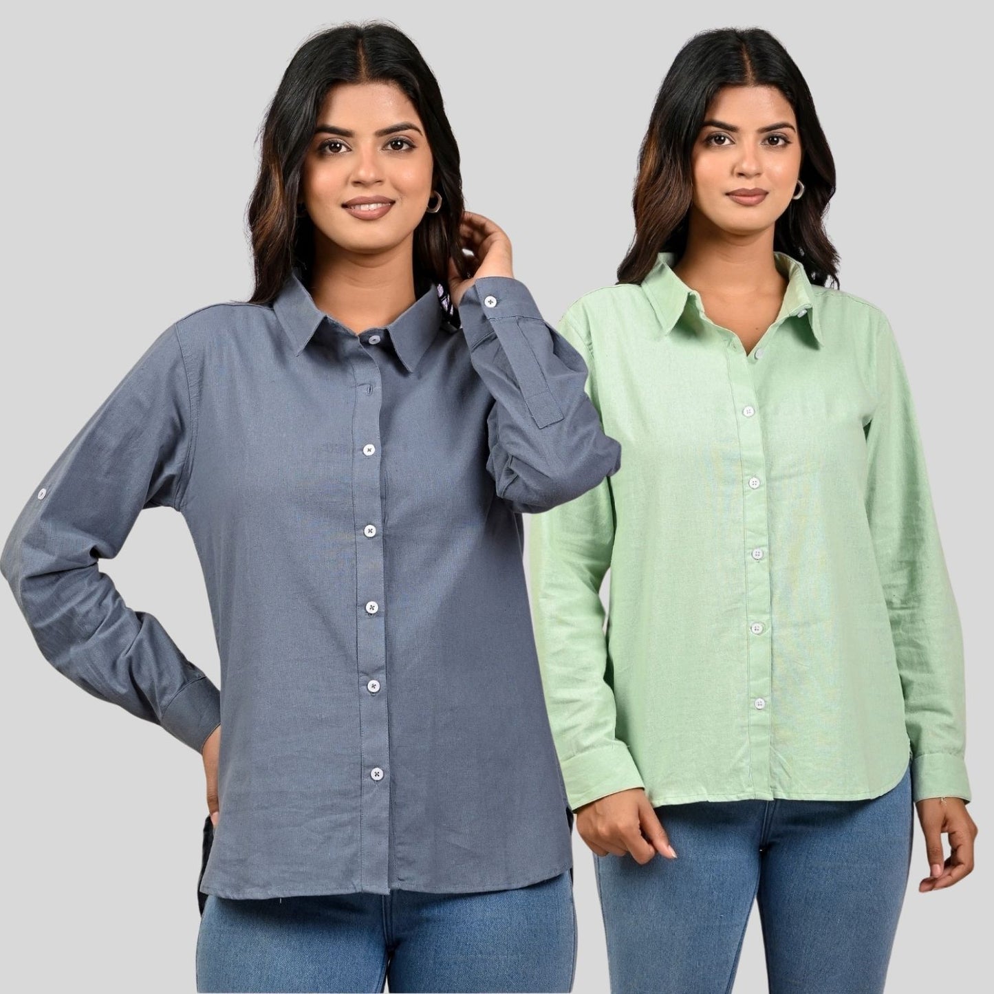 Women Grey And Pista Green Solid Airy Linen Cotton Shirts Combo