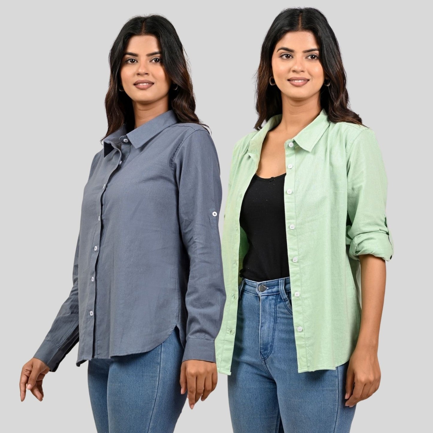 Women Grey And Pista Green Solid Airy Linen Cotton Shirts Combo