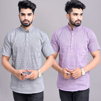 Pack of 2 Mens Solid Grey And Purple Khadi Cotton Short Kurta Combo