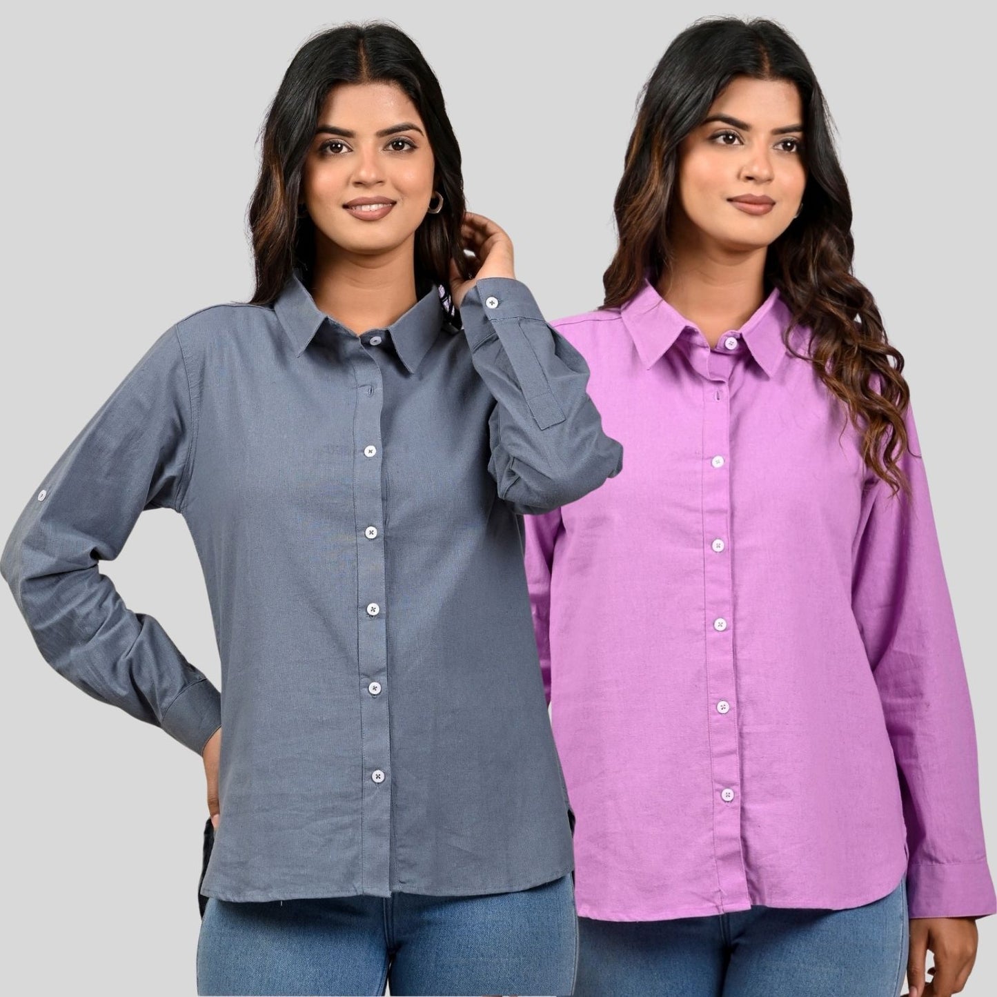 Women Grey And Purple Solid Airy Linen Cotton Shirts Combo