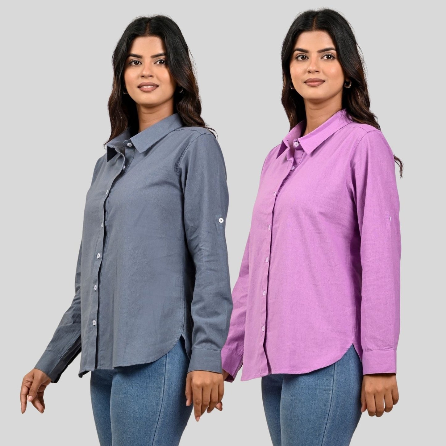 Women Grey And Purple Solid Airy Linen Cotton Shirts Combo