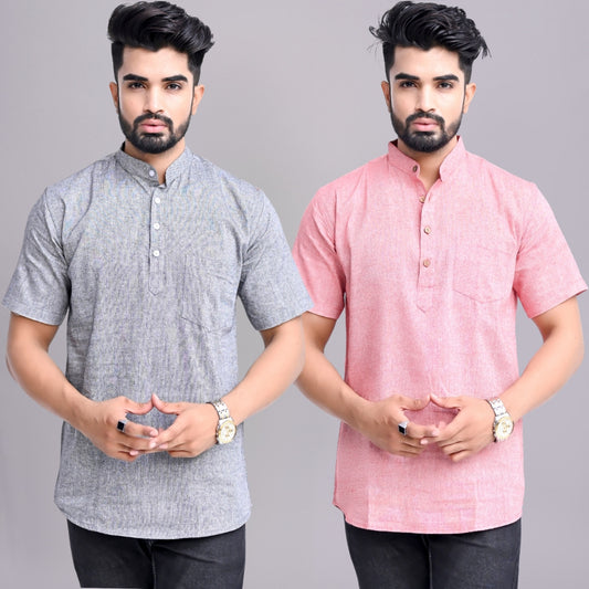 Pack of 2 Mens Solid Grey And Red Khadi Cotton Short Kurta Combo