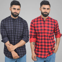 Pack Of 2 Mens Grey And Red Check Cotton Short Kurta Combo