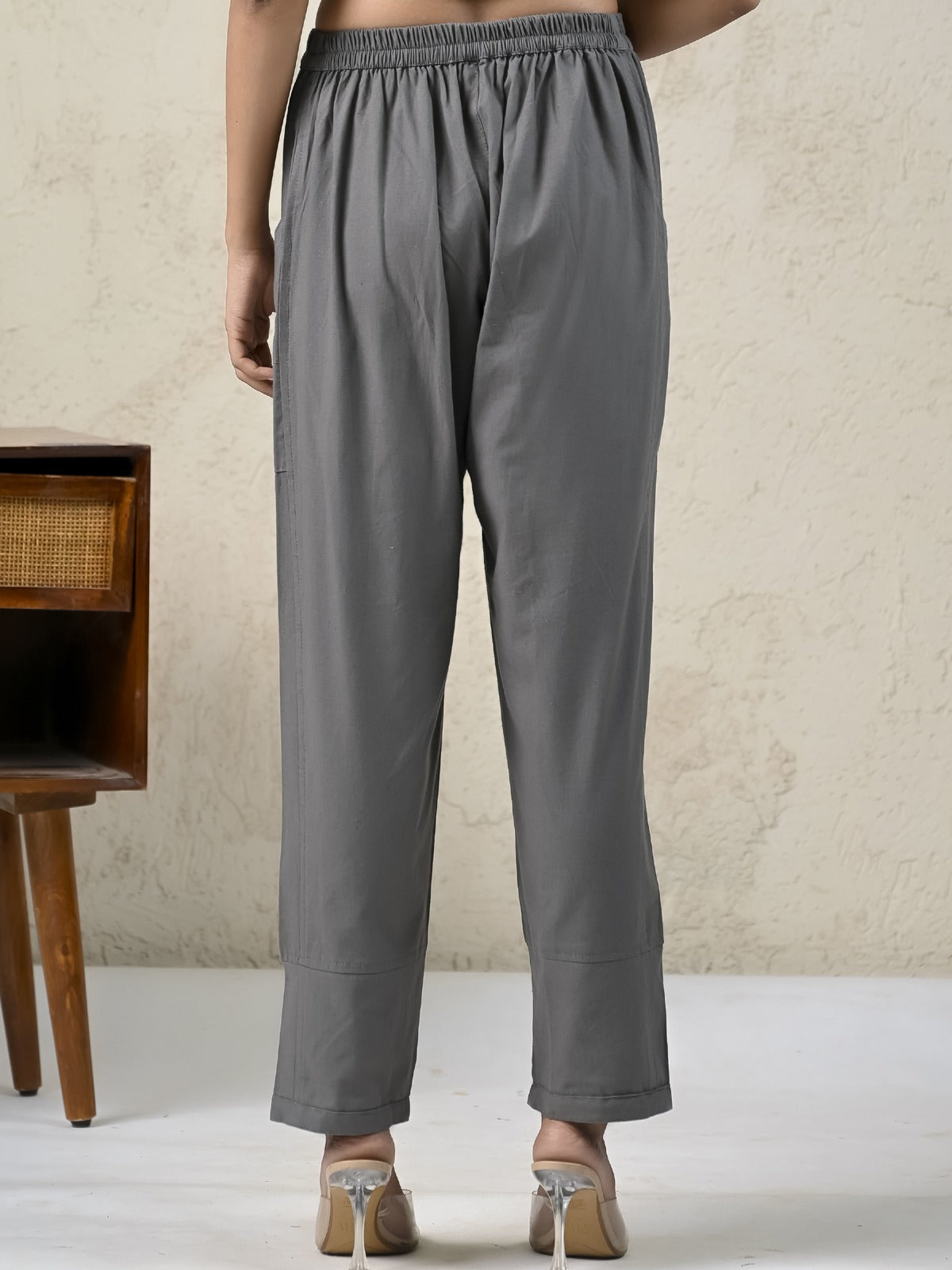 Womens Grey Side Pocket Pure Cotton Straight Cargo Pant