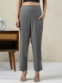 Womens Grey Side Pocket Pure Cotton Straight Cargo Pant