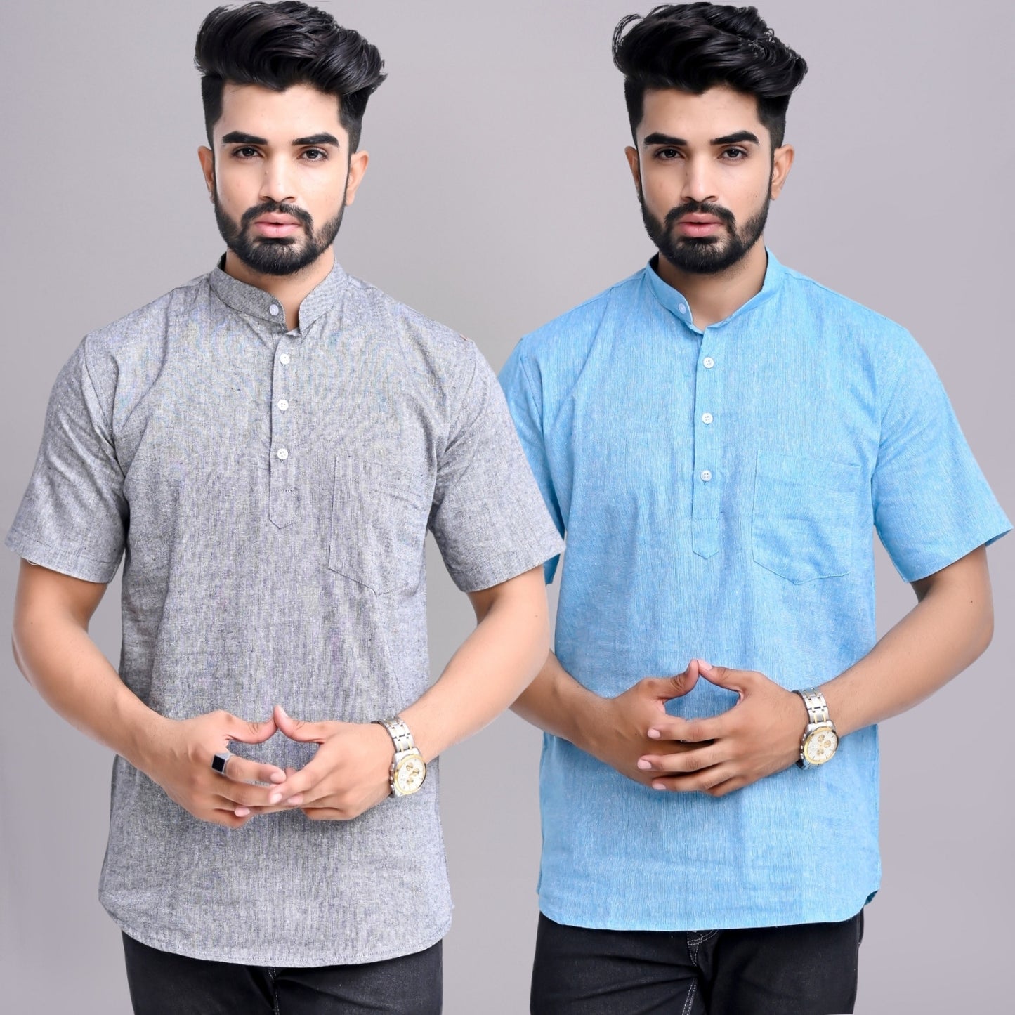 Pack of 2 Mens Solid Grey And Sky Blue Khadi Cotton Short Kurta Combo