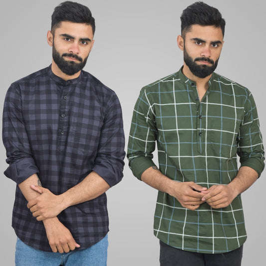 Pack Of 2 Mens Grey And Mehendi Green Wide Check Cotton Short Kurta Combo