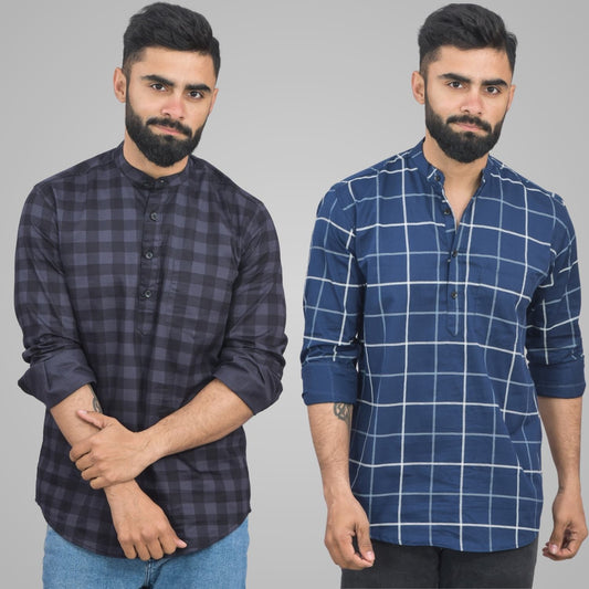 Pack Of 2 Mens Grey And Navy Blue Wide Check Cotton Short Kurta Combo