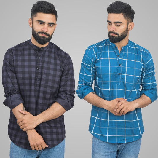 Pack Of 2 Mens Grey And Teal Blue Wide Check Cotton Short Kurta Combo